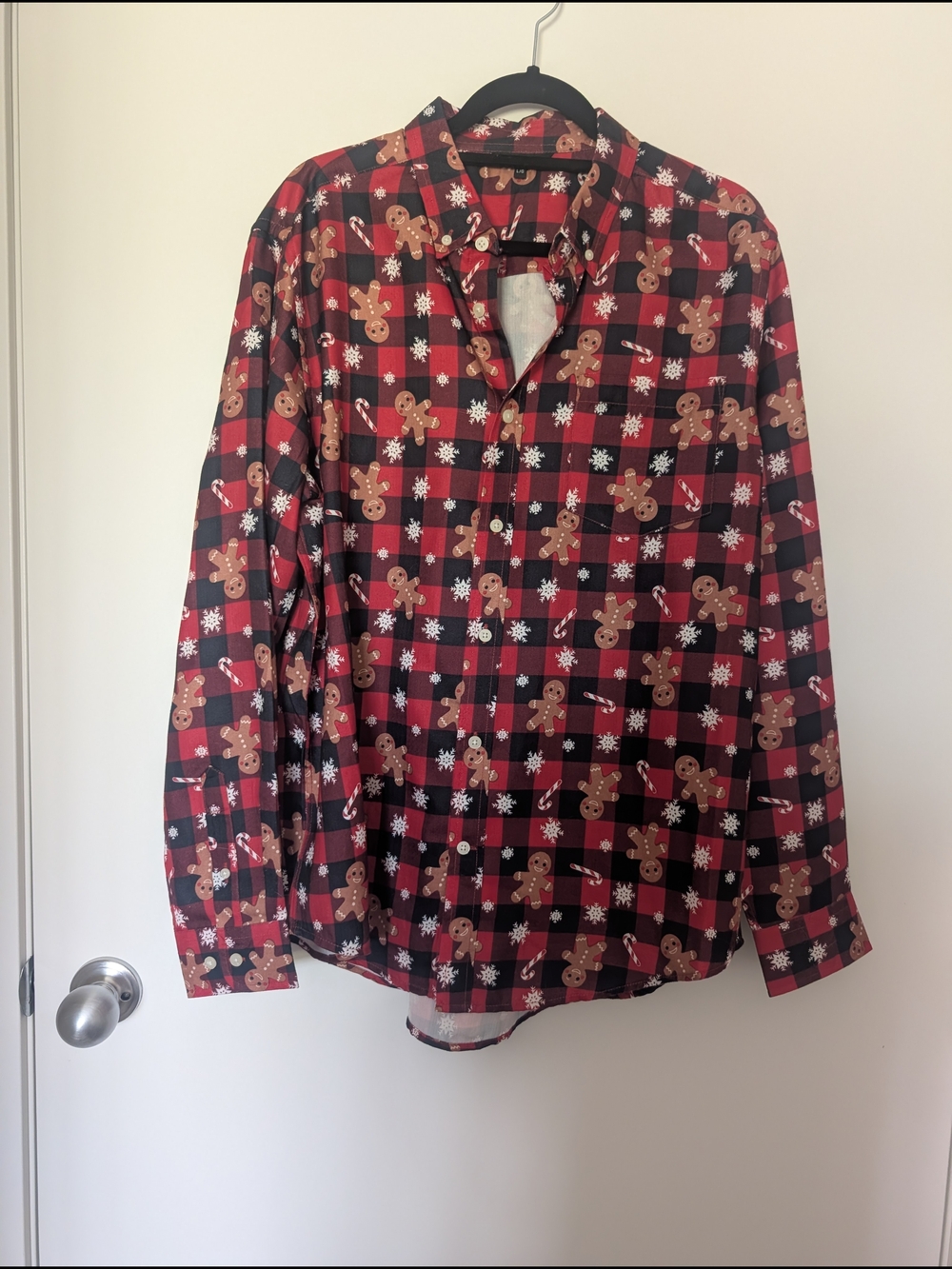 George Red and Black Plaid Button-Down Shirt with Gingerbread Print
